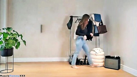 Stylish woman in casual fall outfits, simple try-on session