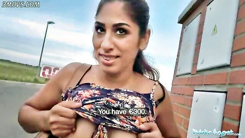 Sexy Asian British woman flashing tits outdoors for 300 euros cash