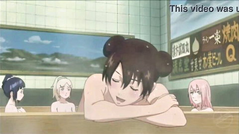 Nude hentai girls with bare tits surround relaxed naked trap boy in steamy bathhouse