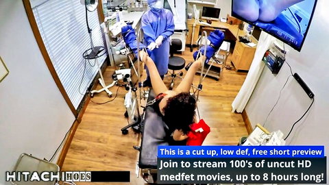 Latina with huge spread pussy in stirrups as gloved doctor inserts toy in medfet exam