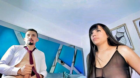 Aprilpalmers in sheer lingerie with partner, teasing couple deepthroat scene