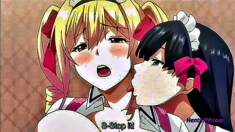 Blonde hentai maid with open mouth kissed by black-haired girl in lesbian tease