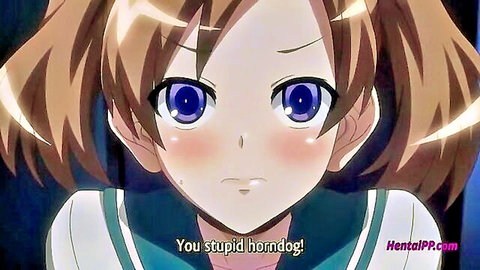 Angry blushing anime stepsister in school uniform yells at horndog
