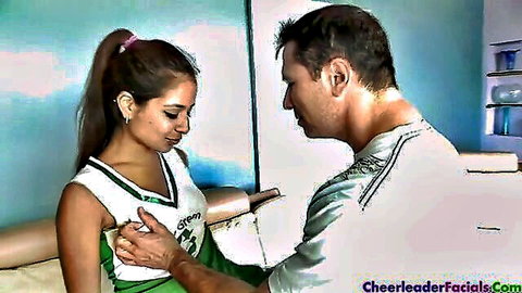 Jynx Maze as brunette cheerleader touched intimately by man