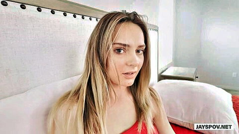 Aften Opal sexy blonde in red top, POV on bed