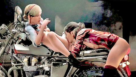 Blonde cosplayer spreads legs on motorcycle as brunette in latex licks her exposed pussy