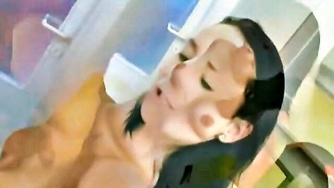 Asian babe's face drenched in thick cum facial with tongue out and eyes closed