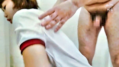 Asian schoolgirl in white shirt bent over, man groping her exposed ass and pussy