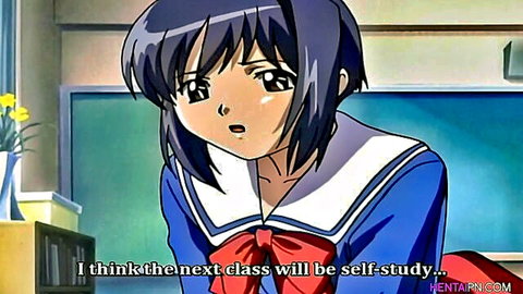 Cute blue-haired anime hentai schoolgirl in tight sailor uniform surprised in classroom