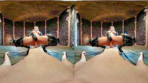 Blonde latex domme strap-on fucks muscular sub's exposed ass doggystyle in stone dungeon VR