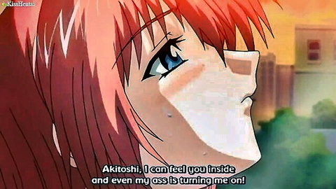 Red-haired hentai girl with teary blue eyes moans about Akito's cock inside her ass turning her on
