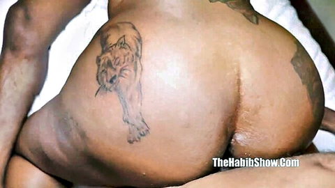 Thick ebony big ass with panther tattoo spread wide exposing tight asshole and pink pussy