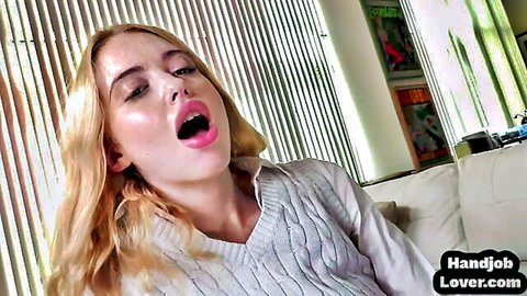 Blonde petite teen teases with open mouth in POV handjob threesome