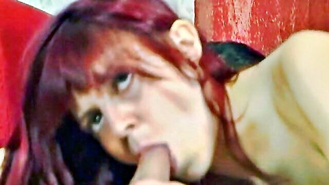 Redhead MILF hot mom giving intense blowjob