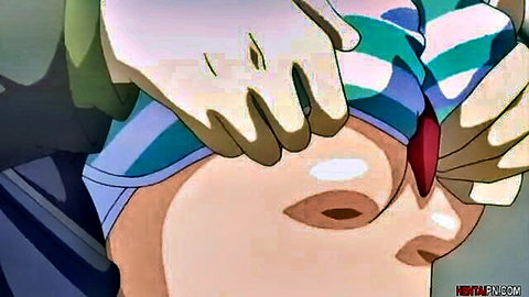 Gloved hand pinching anime hentai babe's nose with red insertion in close-up