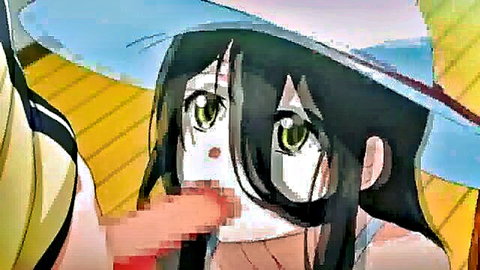 Anime hentai girl with green eyes sucks thick fingers deep in her wet mouth wearing swimsuit and hat