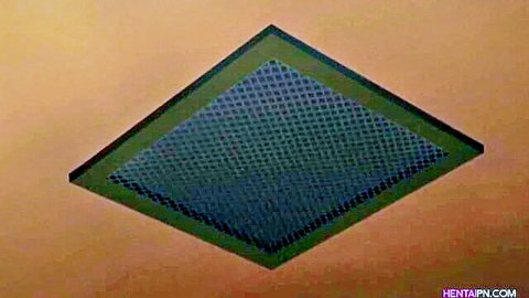 Diamond-shaped green framed blue mesh vent screen with HENTAI and HENTPN.COM watermarks on orange background