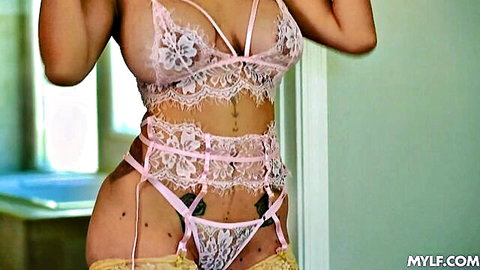 Lauren Pixie in sexy pink lace lingerie, teasing stepmom vibe