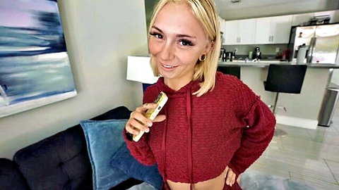 Chloe Temple smiles in cropped red hoodie, teasing as blonde step-sister