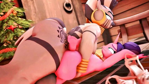 Purple pony in hat tribbing tan tribal pony girl in steamy lesbian embrace