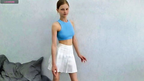 Rosa Myers shy 18yo camgirl with big boobs and ass in blue crop top and white skirt