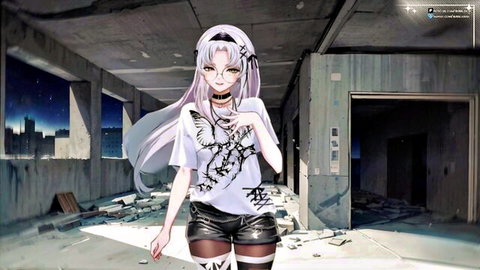 Cute anime Vtuber hooker in white tee, black shorts, stockings posing seductively