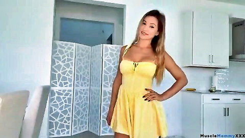 Sexy Asian Muscle Mommy in yellow mini dress try-on haul