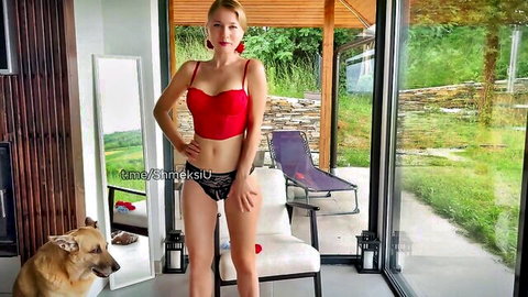 Blonde MILF in red lingerie try-on haul pose