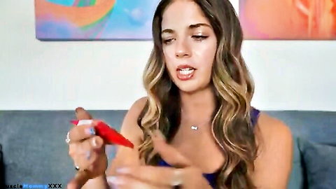 Brunette with highlights holds red sex toy in seductive try-on haul