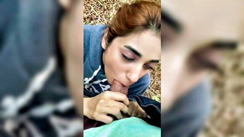 South Asian amateur babe in blue hoodie giving sloppy outdoor blowjob to thick cock in jungle