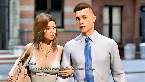 Brunette teen in low-cut top luring boyfriend on urban street her pussy wet morning 3D scene