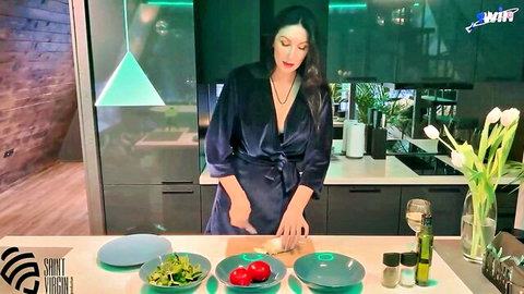 Tall Russian MILF in silk robe teasing while chopping veggies