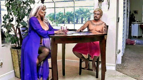Mature stepmom in purple robe with older tattooed man in pink shorts at table