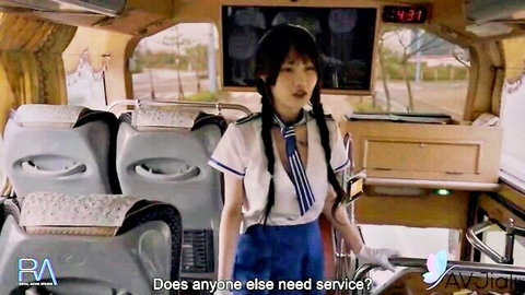 Cute Asian schoolgirl in blue tie uniform offering service