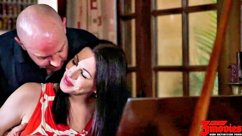 Rayveness passionately kissed by bald lover in sexy red dress