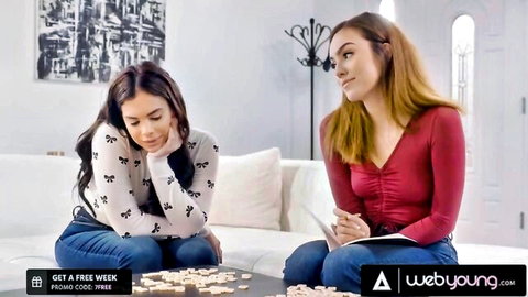 Violet Starr seduces redhead roommate in board game lesbian tease