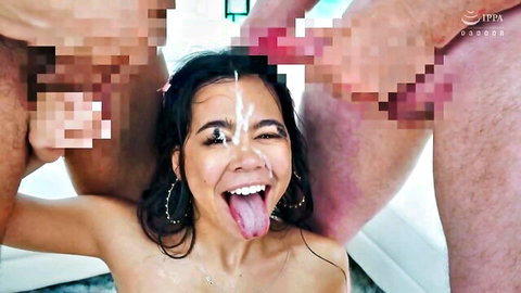Asian beauty smiles with tongue out in intense multi-man facial cumshot bukkake