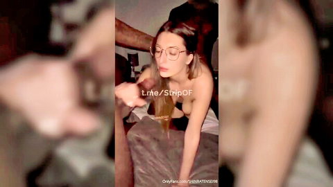 Blonde with glasses has huge tits groped by black hand in live striptease