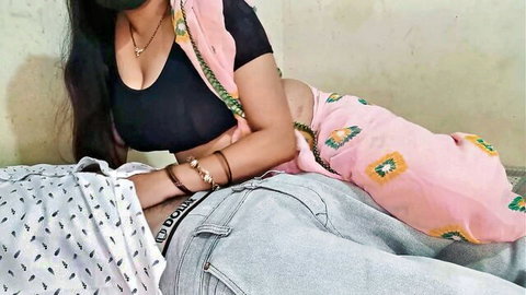 Curvy Indian wife in pink saree teases big natural tits cleavage with husband's hand on her waist