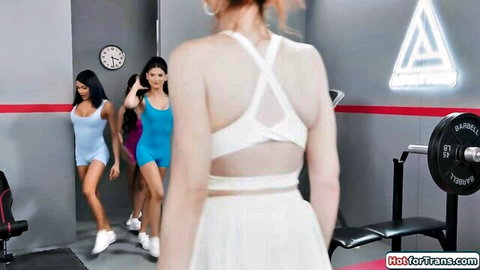 Latin transgirls in tight gym outfits, walking and posing seductively