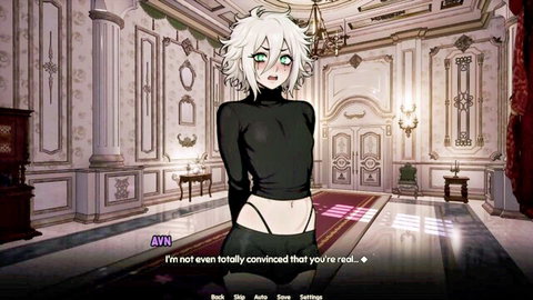 White-haired anime trans girl in sheer black top and thong posing seductively hands behind back