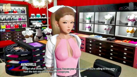 Anime nurse with big tits in pink bra exposed by open hoodie in lingerie shop