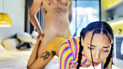 Slim Latina teen in pigtails gets drilled doggy style by hunky bald neighbor