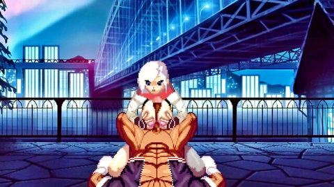 Anime girl with white hair straddles muscular fighter in city night scene