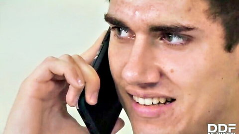 Man on phone smiling in adult video with busty Anissa Kate stepmom