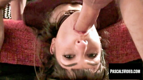 Brunette sub girl deepthroats with leash around neck