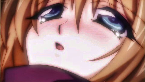 Blonde anime girl Haruka teary blue eyes close-up from Beat Blades Ep.3