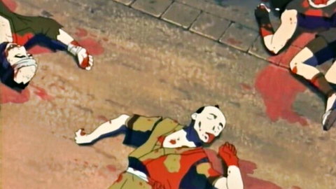 Animated bloody scene of fallen anime soldiers in Guren Ep.2 uniforms