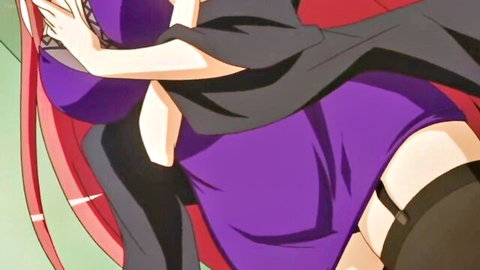 Purple-haired anime girl in sexy purple dress and black stockings