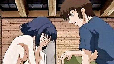Black Widow anime teen nude covering face in BDSM dungeon with captor, explicit hentai scene